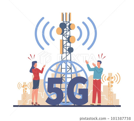 People panic, fear for their health because of radiation from cellular 5g, network towers. Conspiracy theory. dangerous broadcasting tower. Cartoon flat isolated illustration. Vector concept People panic, fear for their health because of radiation from cellular 5g, network towers. Conspiracy theory. dangerous broadcasting tower. Cartoon flat isolated illustration. Vector concept 101387738
