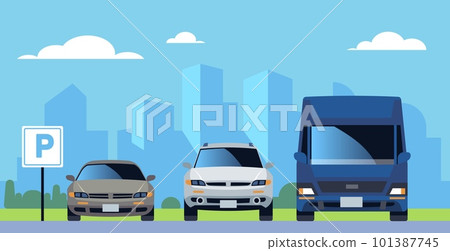 Parking lot with standing cars in background of city. Colored automobiles sedan and truck, urban scene. Special sign on an asphalt road zone. Cartoon flat isolated illustration. Vector concept 101387745