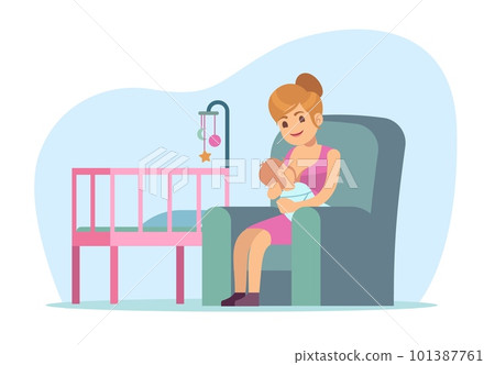 Maternity, breastfeeding, mother sitting and breastfeeding an infant. Loving mom with newborn baby in her arms sitting. Parenthood and childhood. Cartoon flat illustration. Vector concept Maternity, breastfeeding, mother sitting and breastfeeding an infant. Loving mom with newborn baby in her arms sitting. Parenthood and childhood. Cartoon flat illustration. Vector concept 101387761
