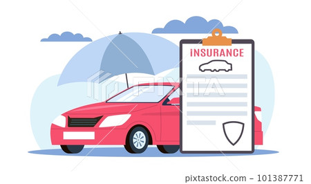 Insurance policy for car. Automobile protection and security, safety for driver. Auto and protection shield on document, transport under umbrella. Cartoon flat illustration. Vector concept Insurance policy for car. Automobile protection and security, safety for driver. Auto and protection shield on document, transport under umbrella. Cartoon flat illustration. Vector concept 101387771