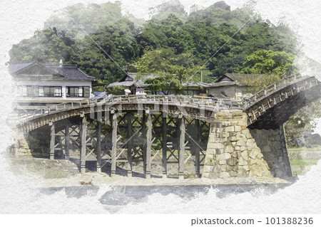 Watercolor style Iwakuni Kintai Bridge Iwakuni City, Yamaguchi Prefecture 101388236