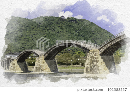 Watercolor style Iwakuni Kintai Bridge Iwakuni City, Yamaguchi Prefecture 101388237