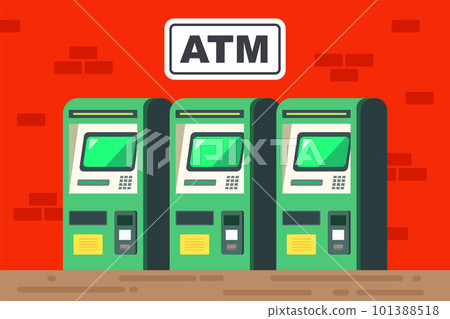 green ATM with cash withdrawal screen. 101388518