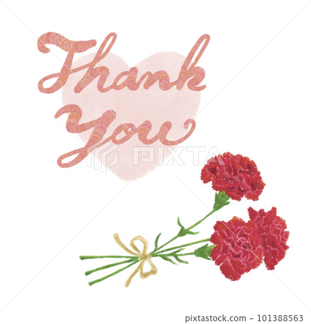 母親節紅色康乃馨花束插圖和草書謝謝你在心形背景上寫字 101388563