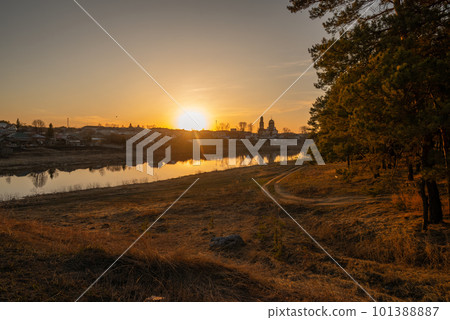 Sunset over the Iset River in the Urals 101388887
