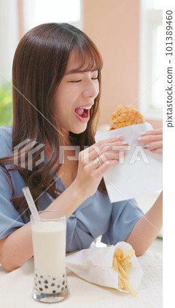 girl eat fried chicken boba 101389460