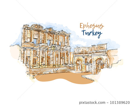 Ephesus, Izmir, Turkey. The Library of Celsus. Abstract landscape of Turkish landmarks on the Aegean Sea. Hand drawn sketch vector watercolor illustration. Simple urban sketch for postcards, logos Ephesus, Izmir, Turkey. The Library of Celsus. Abstract landscape of Turkish landmarks on the Aegean Sea. Hand drawn sketch vector watercolor illustration. Simple urban sketch for postcards, logos 101389620
