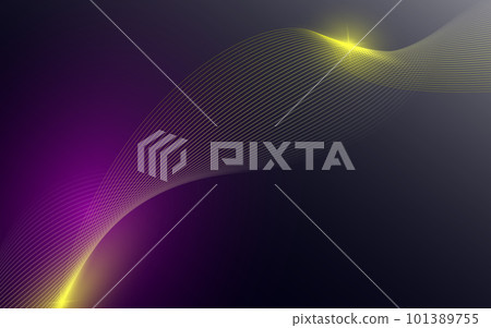 Abstract beautiful horizontal illustration in the form of a yellow linear spiral with yellow highlights on a gradient purple, blue dark background. Dynamic and bright linear spiral with colorful 101389755