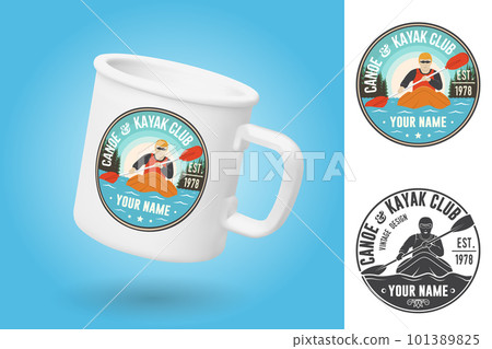 White camping cup. Realistic mug mockup template with sample design. Canoe and kayak Club patch. Vector. Sticker, patch design with kayaker silhouette. Extreme water sport. Outdoor adventure emblems 101389825