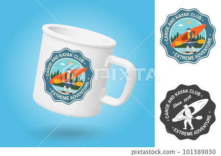 White camping cup. Realistic mug mockup template with sample design. Canoe and kayak club badge. Vector. Sticker, patch with kayaker silhouette. Extreme water sport. Outdoor adventure emblems, kayak White camping cup. Realistic mug mockup template with sample design. Canoe and kayak club badge. Vector. Sticker, patch with kayaker silhouette. Extreme water sport. Outdoor adventure emblems, kayak 101389830