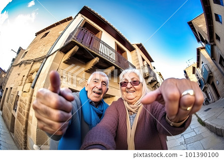 Elderly man and woman are walking together, smiling and fooling around. Generative AI Elderly man and woman are walking together, smiling and fooling around. Generative AI 101390100