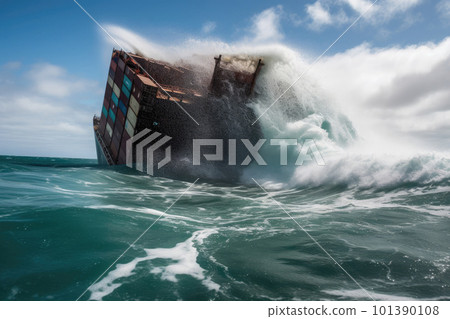 Wrecked cargo ship with conatiners in stormy sea with large waves. Generative AI 101390108