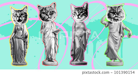 Greek statue with cat heads collage elements for trippy mixed media design. Funny kitty character in halftone texture, dotted pop style. Vector grunge punk crazy art templates 101390154