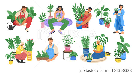 Trendy people with house plants, flowers and leaves in pots. Home garden greenery, persons grow green cactus, woman with spray. Contemporary isolated characters. Vector garish cartoon illustration Trendy people with house plants, flowers and leaves in pots. Home garden greenery, persons grow green cactus, woman with spray. Contemporary isolated characters. Vector garish cartoon illustration 101390328