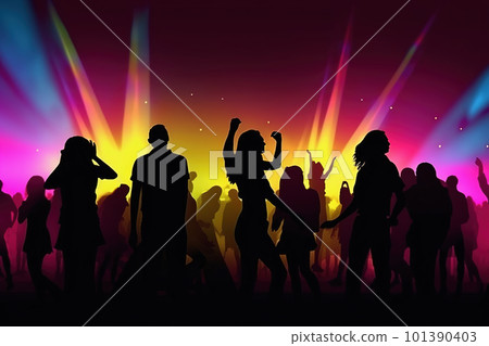 Silhouette of people raise hand up in concert or music festival in city, crowd of fans, rock concert. AI 101390403
