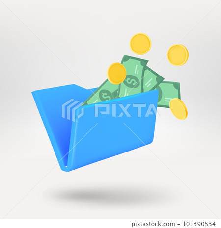Blue folder with paper sheets with money. 3d vector icon isolated on white background Blue folder with paper sheets with money. 3d vector icon isolated on white background 101390534