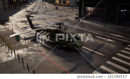 military helicopter in downtown at sunset 101390557