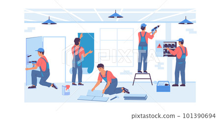 Home repair. Service workers make renovation. Professional builders brigade gluing wallpaper or laying tiles. Electrician working with wires of electrical system. Vector foreman job 101390694