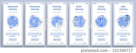 Cleaning service icons. Commercial app. Cleanup mobile infographic. Residential agency. Housekeeping smartphone application interface. Laundry or vacuuming. Vector design banners set 101390717