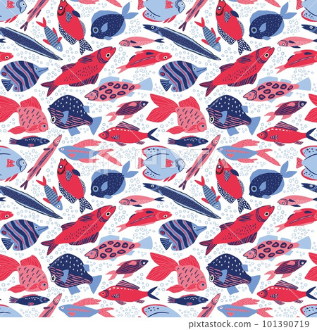 Doodle fish fabric, children pattern. Swimming sea nature for baby or kid textile decor, comic hand drawn animals, cute ocean sign. Wrapping paper, wallpaper design. Vector seamless print Doodle fish fabric, children pattern. Swimming sea nature for baby or kid textile decor, comic hand drawn animals, cute ocean sign. Wrapping paper, wallpaper design. Vector seamless print 101390719