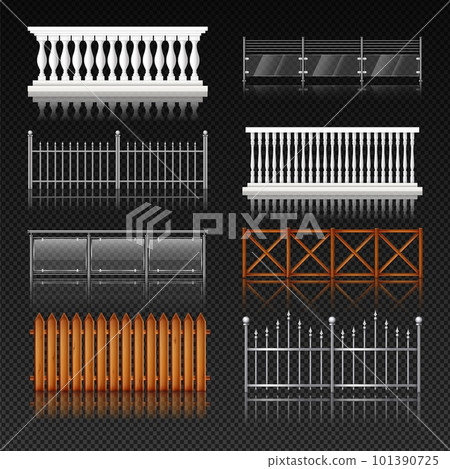 Balcony railing. Metal or glass handrail. Wooden terrace fence with banister. Steel stairway in building. Architecture elements. Realistic enclosures set. Vector design construction Balcony railing. Metal or glass handrail. Wooden terrace fence with banister. Steel stairway in building. Architecture elements. Realistic enclosures set. Vector design construction 101390725