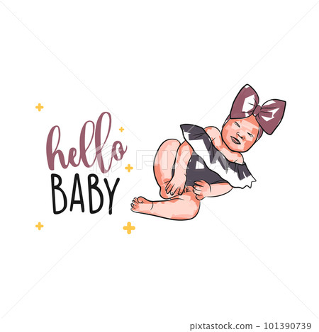 Festive childrens card with the inscription, funny girl with a bow, hello baby, baby girl in doodle 101390739