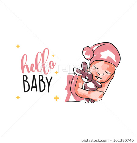 Cute newborn in a funny hat on a card with the inscription, hello baby, baby in doodle 101390740
