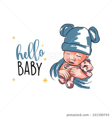 Baby card with baby, hello baby, hand lettering, baby in doodle Baby card with baby, hello baby, hand lettering, baby in doodle 101390743