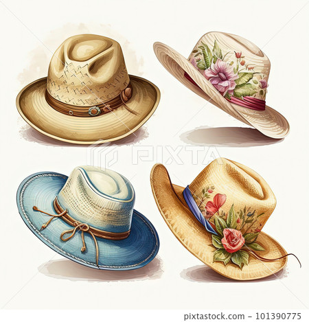 Set of watercolor straw hats in colorful design. Generative AI 101390775