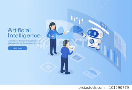 Human and robot working together to analyze data and generate reports on dashboard represents the concept of innovation. Human and robot working together to analyze data and generate reports on dashboard represents the concept of innovation. 101390779