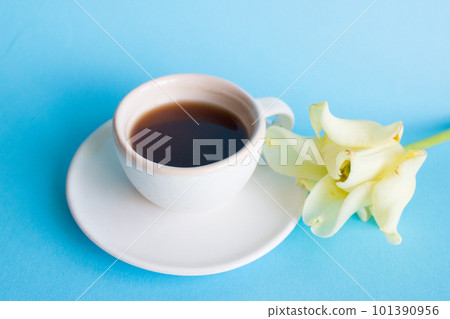cup of coffee on a blue background, tulip flower. breakfast concept cup of coffee on a blue background, tulip flower. breakfast concept 101390956