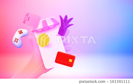 Making purchasing online concept. 3d vector banner with copy space Making purchasing online concept. 3d vector banner with copy space 101391111