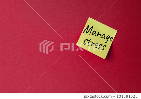 Manage stress symbol. Concept word Manage stress on orange steaky note. Beautiful red background. Business and Manage stress concept. Copy space Manage stress symbol. Concept word Manage stress on orange steaky note. Beautiful red background. Business and Manage stress concept. Copy space 101391523