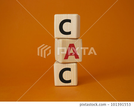 CAC - Customer Acquisition Cost symbol. Wooden cubes with word CAC. Beautiful orange background. Business and Customer Acquisition Cost concept. Copy space. CAC - Customer Acquisition Cost symbol. Wooden cubes with word CAC. Beautiful orange background. Business and Customer Acquisition Cost concept. Copy space. 101391553