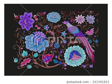 Fantasy flowers and pheasant bird in retro, vintage, chinese silk Fantasy flowers and pheasant bird in retro, vintage, chinese silk 101391831