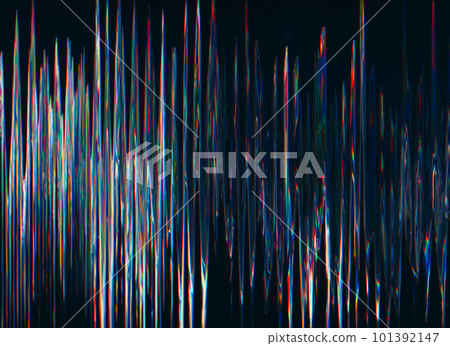 Glitch texture. Static noise. Distressed display. Blue pink orange purple color analog defect dust scratches on dark black illustration abstract background. Glitch texture. Static noise. Distressed display. Blue pink orange purple color analog defect dust scratches on dark black illustration abstract background. 101392147
