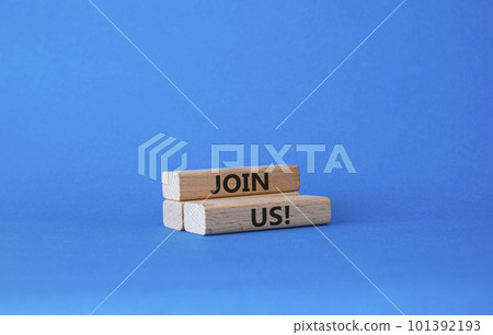 Join us symbol. Concept word Join us on wooden blocks. Beautiful blue background. Business and Join us concept. Copy space 101392193