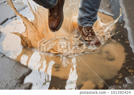 Man jumping in a puddle, splashes of dirty water. High angle view, only legs visible. AI generative image 101392424