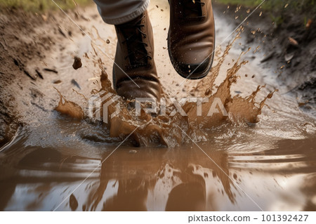 Man jumping in a puddle, splashes of dirty water. High angle view, only legs visible. AI generative image Man jumping in a puddle, splashes of dirty water. High angle view, only legs visible. AI generative image 101392427