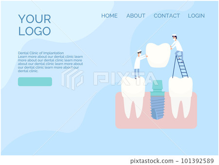 Vector website design in a flat style. Two implantologist doctors install a dental implant put a crown on the abutment. Healthy teeth nearby. Blue and white colors, cartoon style clip art. Vector website design in a flat style. Two implantologist doctors install a dental implant put a crown on the abutment. Healthy teeth nearby. Blue and white colors, cartoon style clip art. 101392589
