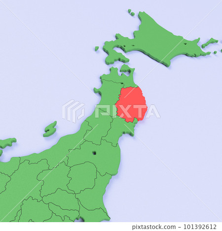 Bird view of the Japanese archipelago Blue sea and green land Prefectural border display Red highlights_[Iwate Prefecture] 101392612