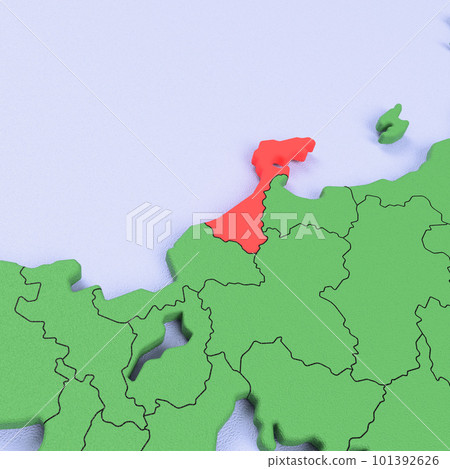 鳥瞰日本列島，碧海綠地，縣境展示，紅色亮點_【石川縣】 101392626