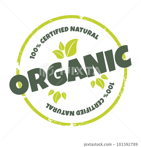 Vector label for organic natural product. Product sticker illustration, badge. Textured round logo with green leaves and text for organic and eco friendly products Vector label for organic natural product. Product sticker illustration, badge. Textured round logo with green leaves and text for organic and eco friendly products 101392789