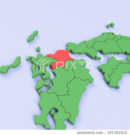 Bird view of the Japanese archipelago Blue sea and green land Prefectural border display Red highlights_[Fukuoka Prefecture] 101392828