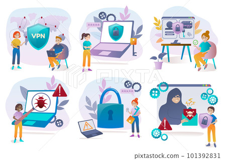 Cybersecurity set. Virtual private network,strength password, personal data protection. Vector illustration in cartoon style. Cybersecurity set. Virtual private network,strength password, personal data protection. Vector illustration in cartoon style. 101392831