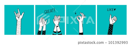 Positive support hands signs. Doodle hand clapping and applause, ok and like sign. Social media community, charity vector graphic elements Positive support hands signs. Doodle hand clapping and applause, ok and like sign. Social media community, charity vector graphic elements 101392993