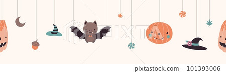 Autumn halloween seamless pattern with cute cartoon bat, pumpkin and witch hats. Decorative spooky design, vector creepy funny banner template Autumn halloween seamless pattern with cute cartoon bat, pumpkin and witch hats. Decorative spooky design, vector creepy funny banner template 101393006