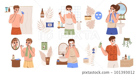 Male facial care, morning daily routine. Men shaving, clean face in bathroom. Skincare cosmetics, young guy beauty process snugly vector set 101393012