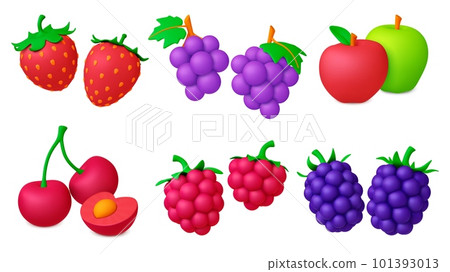 Berries fruits isolated 3d icons. Cherry and strawberry, raspberry and grapes. Realistic berry, decorative graphic juicy food. Vegan pithy vector elements 101393013