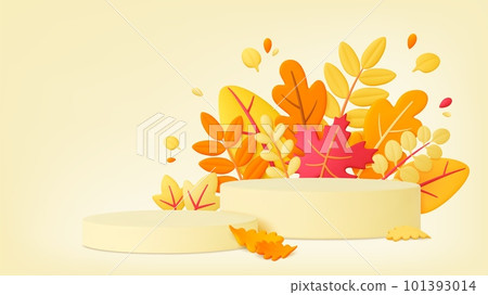 Autumn leaves 3d empty podium background. Fall welcome, decorative trendy banner for sale, thanksgiving day or harvest, pithy vector template 101393014
